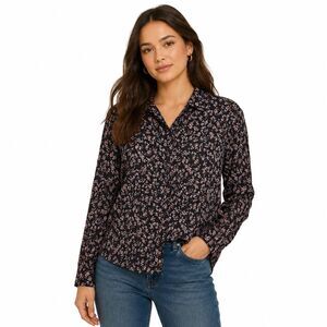 Bella Dahl Shirt Womens Small Black Floral Collared Button Front Long Sleeve Top